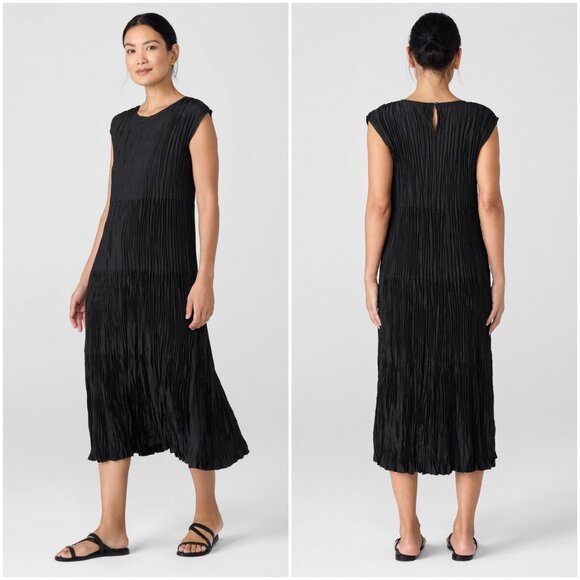 Eileen Fisher crinkle silk dress M medium Jewel Neck Tiered crushed teal aegean - Picture 9 of 9